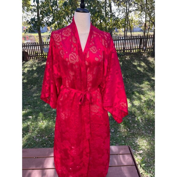 Victorias Secret Gold Label Red Floral Sheer Kimono Robe M/L Polyester Belted - Picture 2 of 8
